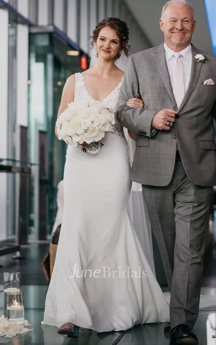 Modern V-neck Sheath Lace Wedding Dress With Illusion Cross Back