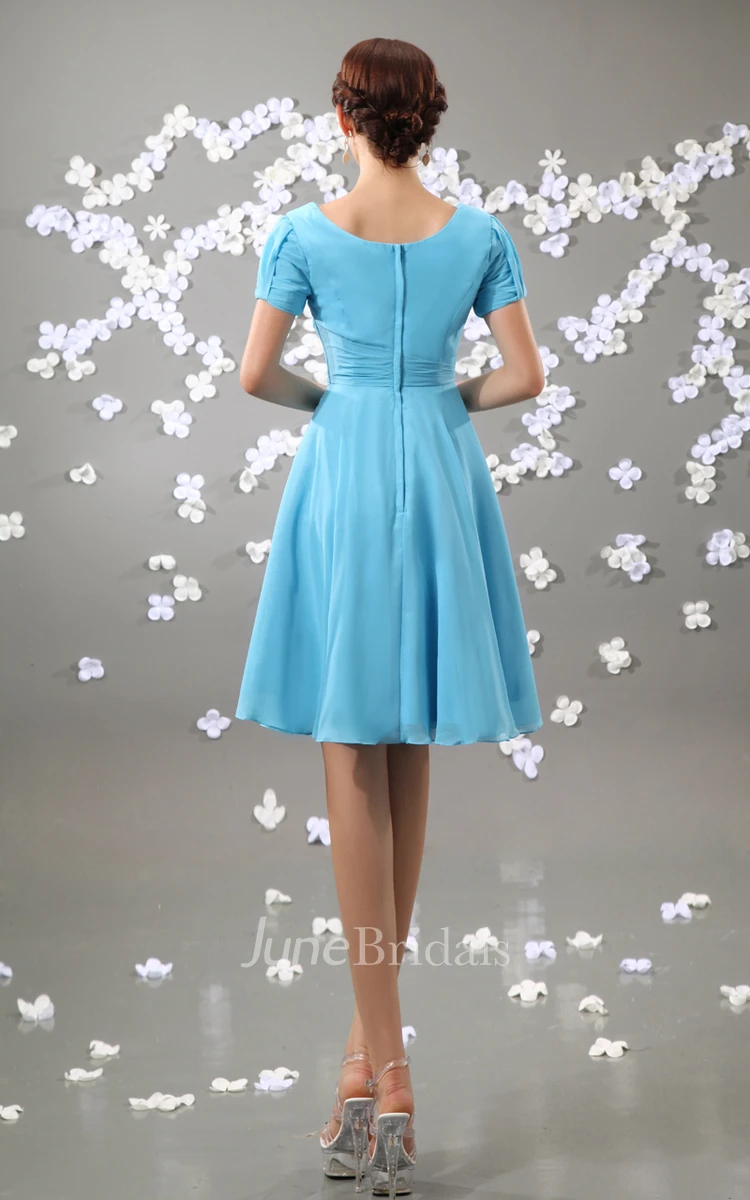 Chiffon Pleated Short Square-Neck Sleeve Dress With Ruching
