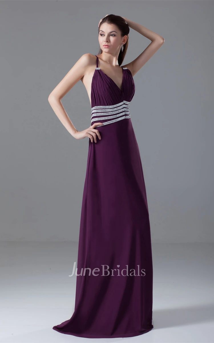 Spaghetti-Strap Chiffon Maxi Dress with Ruching and Gemmed Waist