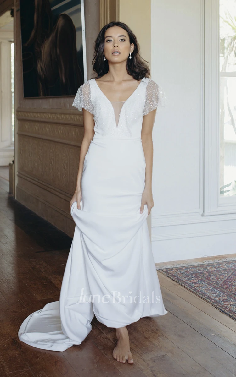 Illusion Beaded Sleeves Plunging V-neck Elegant Sheath Wedding Dress With Court Train