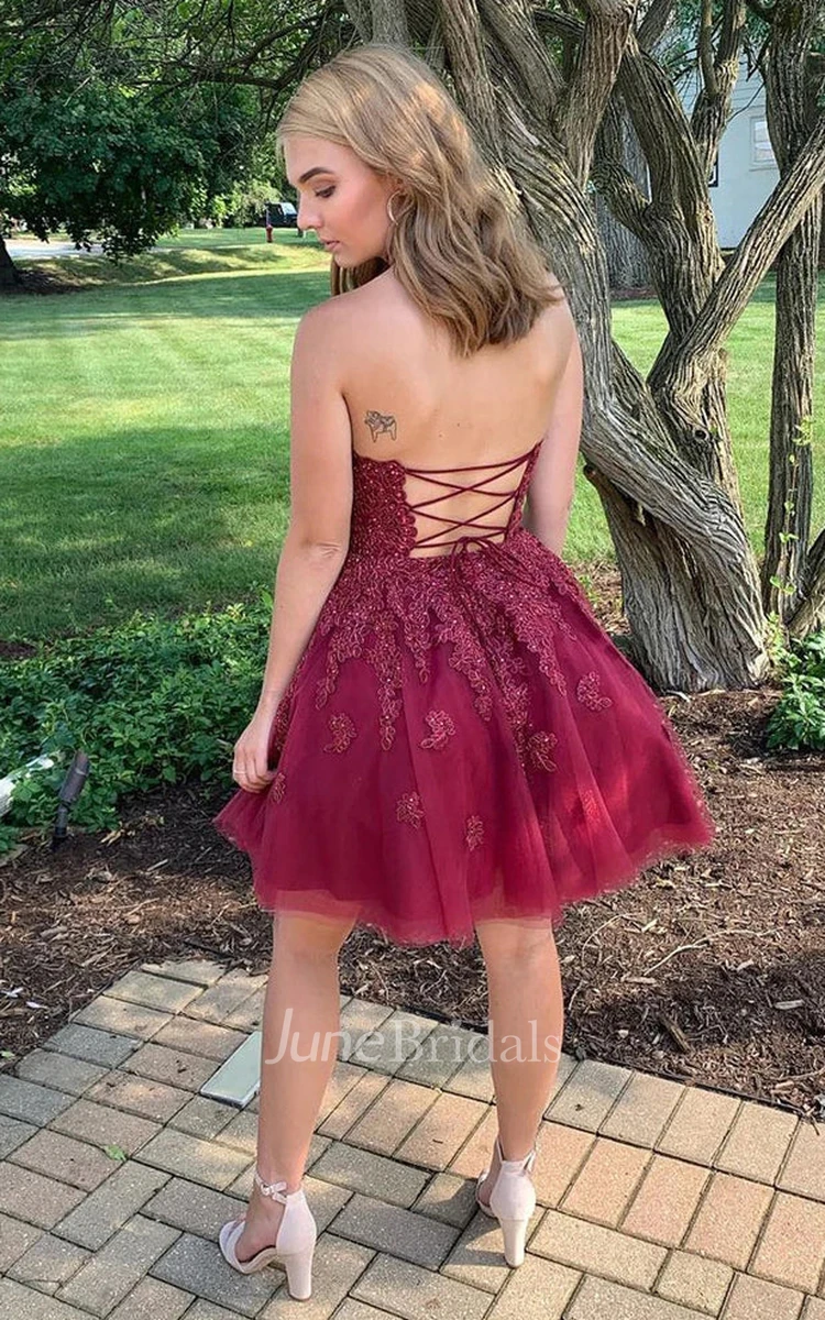 Casual A Line Tulle Homecoming Dress With Cross Back And Appliques