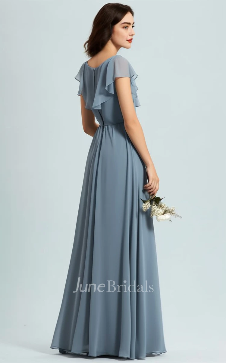 A-Line Chiffon Short Sleeve Bridesmaid Dress 2023 Bateau Floor-length Casual Modest Bohemian Elegant