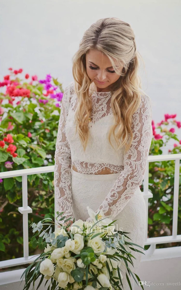 Two Piece Bateau Lace Floor-length Long Sleeve Wedding Dress