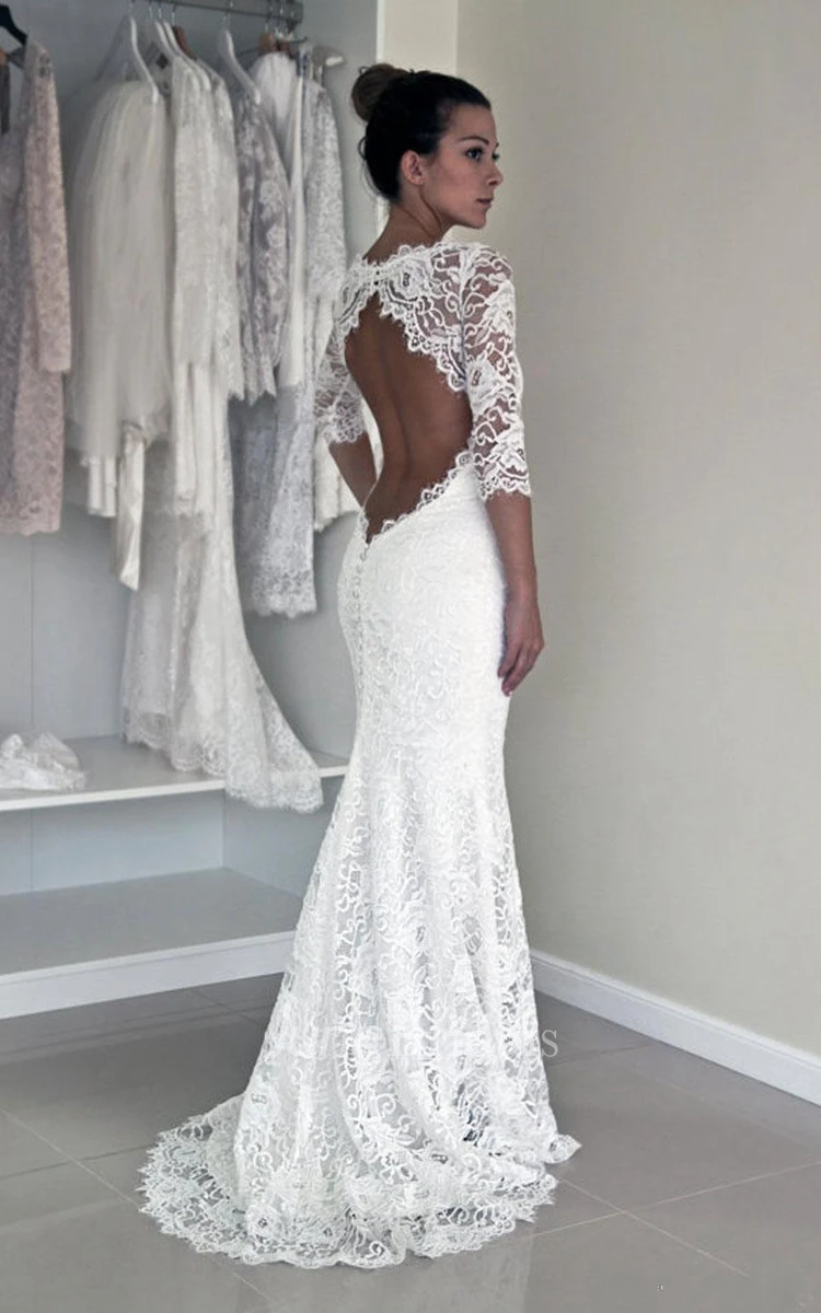 Elegant Illusion Lace Mermaid Wedding Dress Half Sleeve Sweep Train