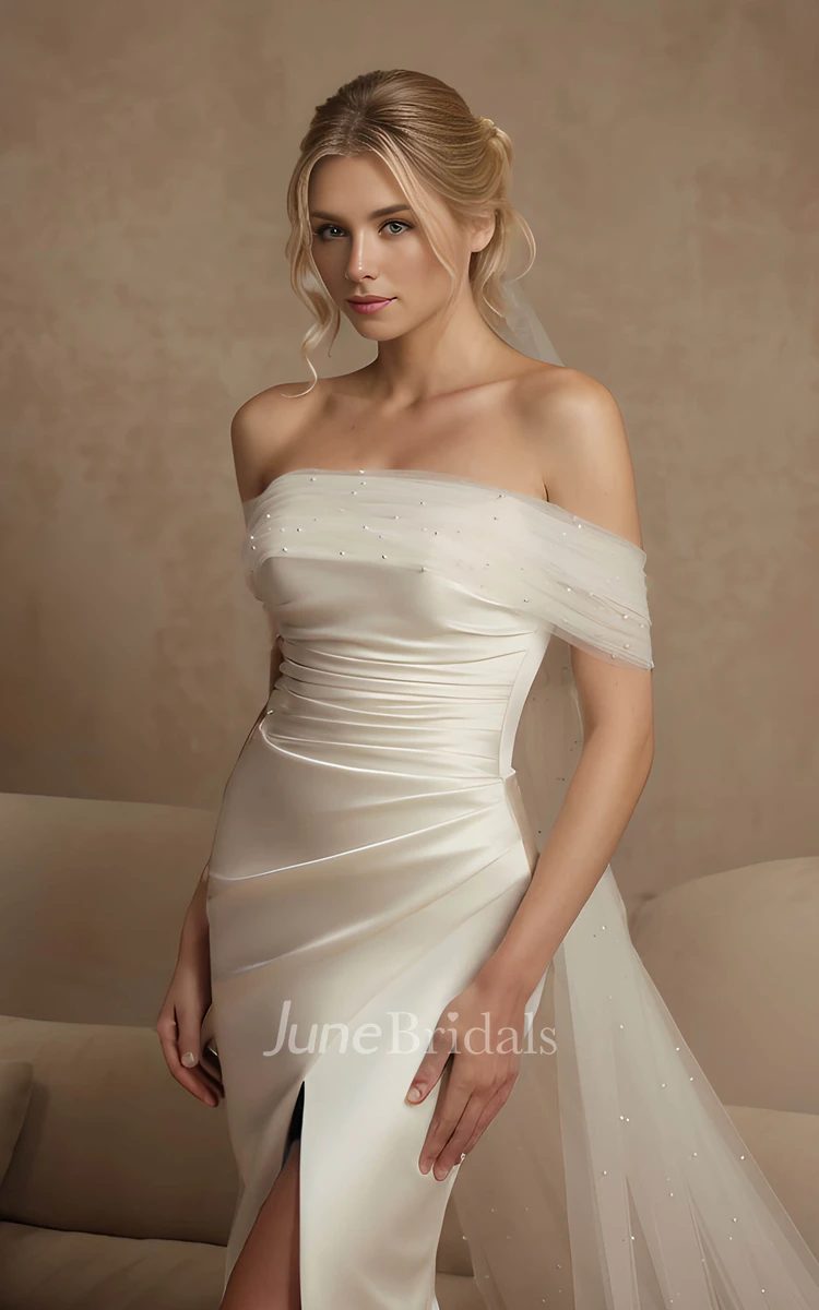 Flowy Modest Off-the-Shoulder Detachable Watteau Train Wedding Dress Classic Romantic Sheath Split Front Beaded Bridal Gown