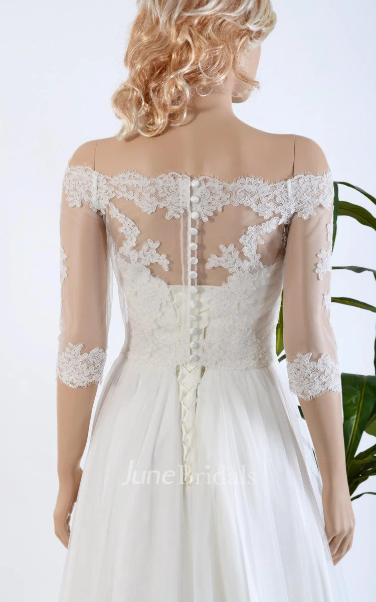Off Shoulder Long A-Line Tulle Wedding Dress With Lace Bolero