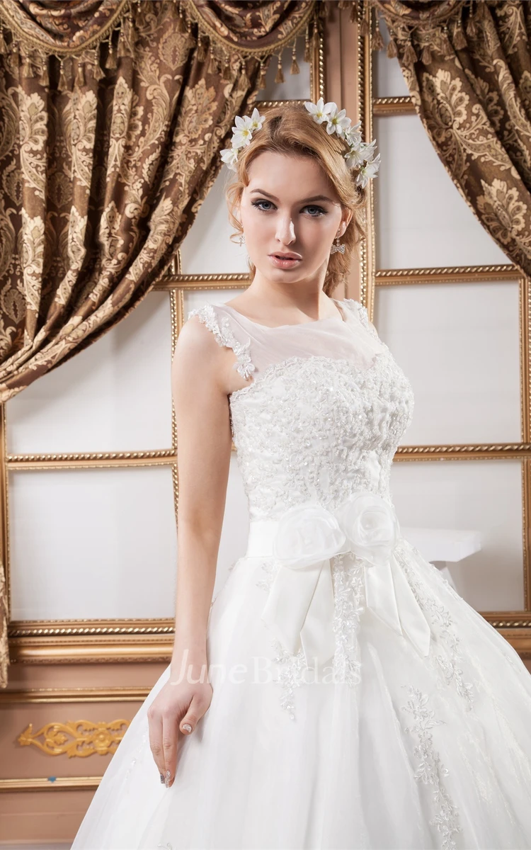 Sleeveless Tulle Ball Gown with Appliques and Illusion Neckline