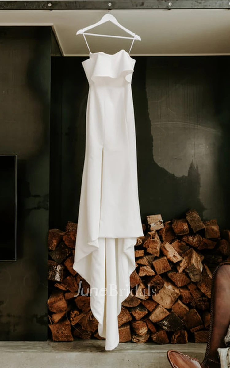 Modern Sheath Floor-length Short Off-the-shoulder Sleeve Satin Wedding Dress 