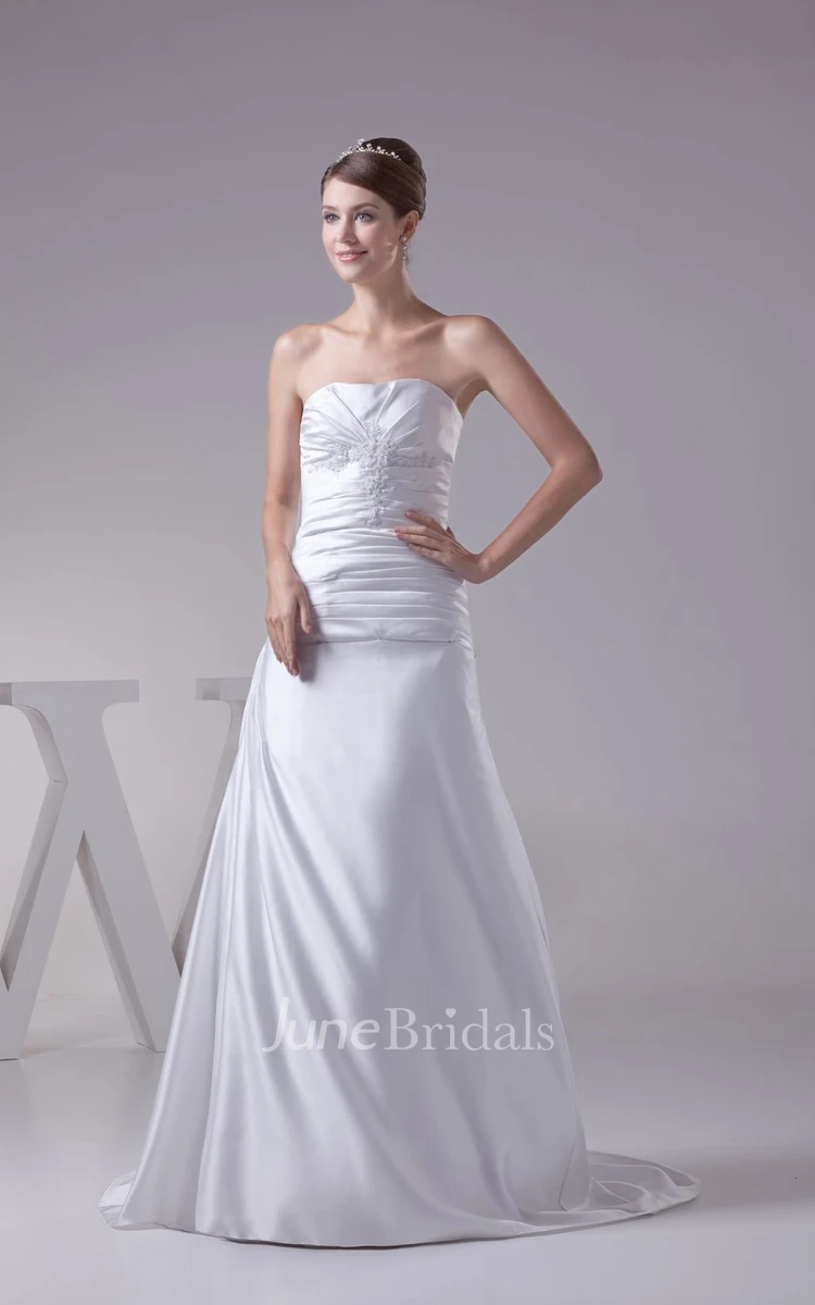Strapless Central-Ruched Sheath Dress With Beading and Sweep Train