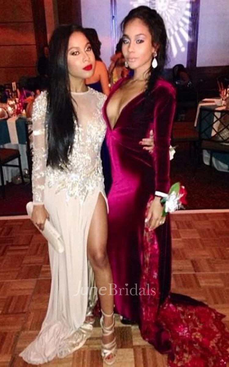Long Sleeves Prom Dresses Pink Thigh-High Slit Sequined Backless Sexy Evening Gowns