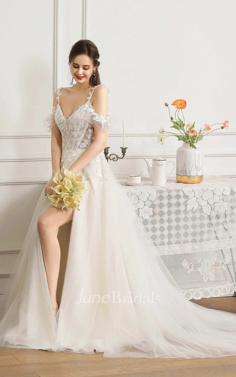 Lace Appliqued Sexy Front Split Wedding Dress With Straps And Off-the-shoulder Sleeves With Boning