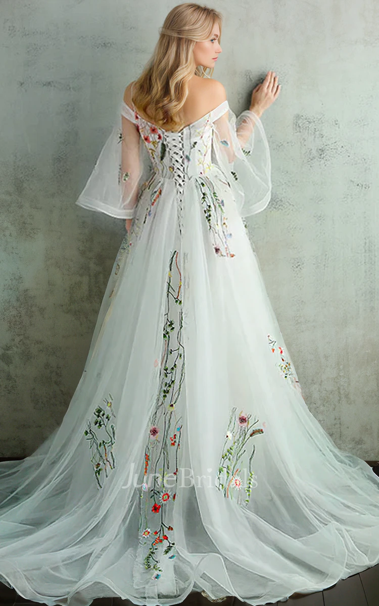 Summer Floral Ethreal A-Line Boho Lace Wedding Dress Western Beach V Neck Tulle Long Prom Dress