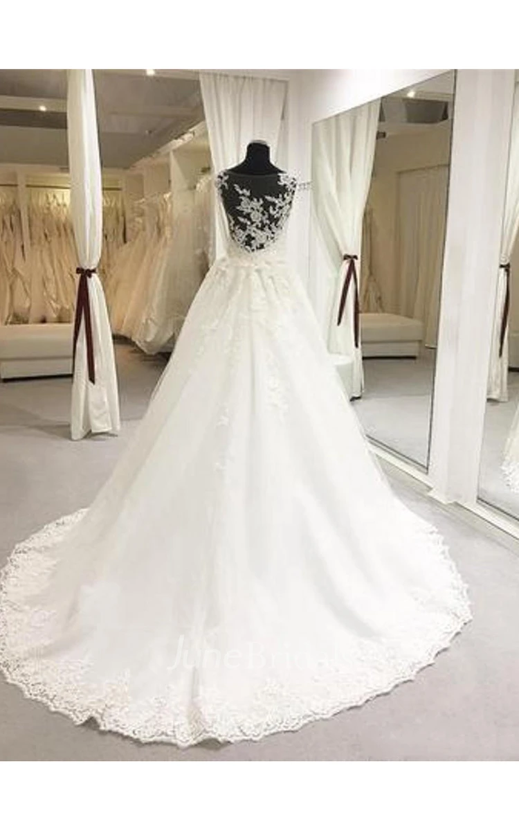 Backless Lace Brush Train Appliques Scoop-Neck Romantic Wedding Dress With Pleats