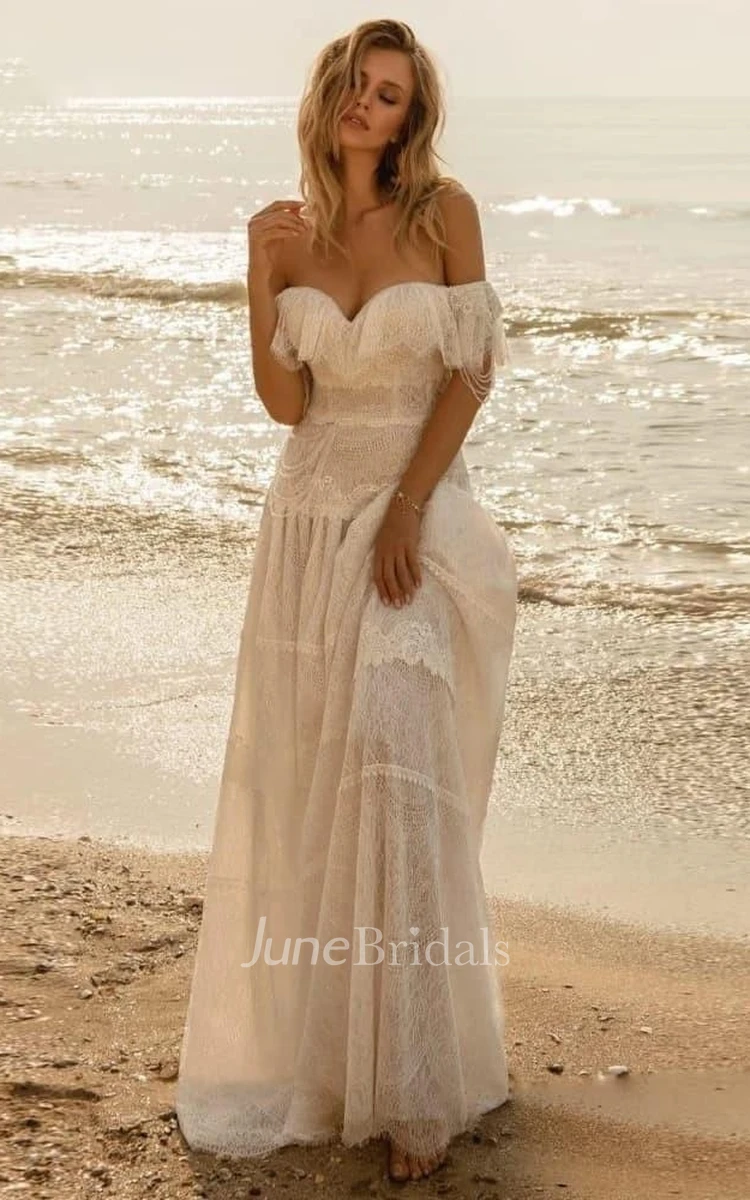 Elopement Beach A-Line Boho Off-the-Shoulder Wedding Dress Romantic Flowy  Forest Full Lace Floor Length Bridal Gown with Ruffles - June Bridals