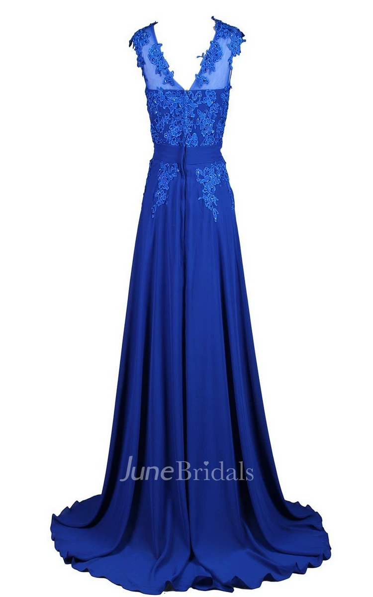 Sleeveless V-neck Chiffon Gown With Embroidered Bodice