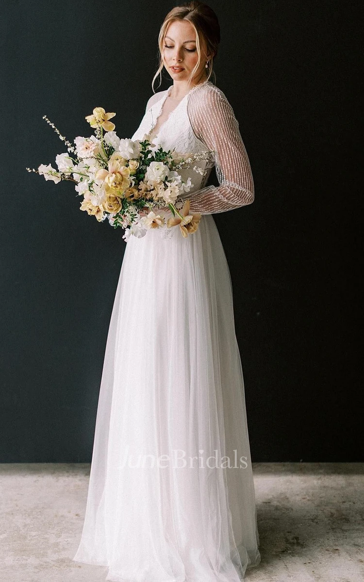 Casual A-Line Bateau Lace Tulle Wedding Dress With Long Sleeve And Sash
