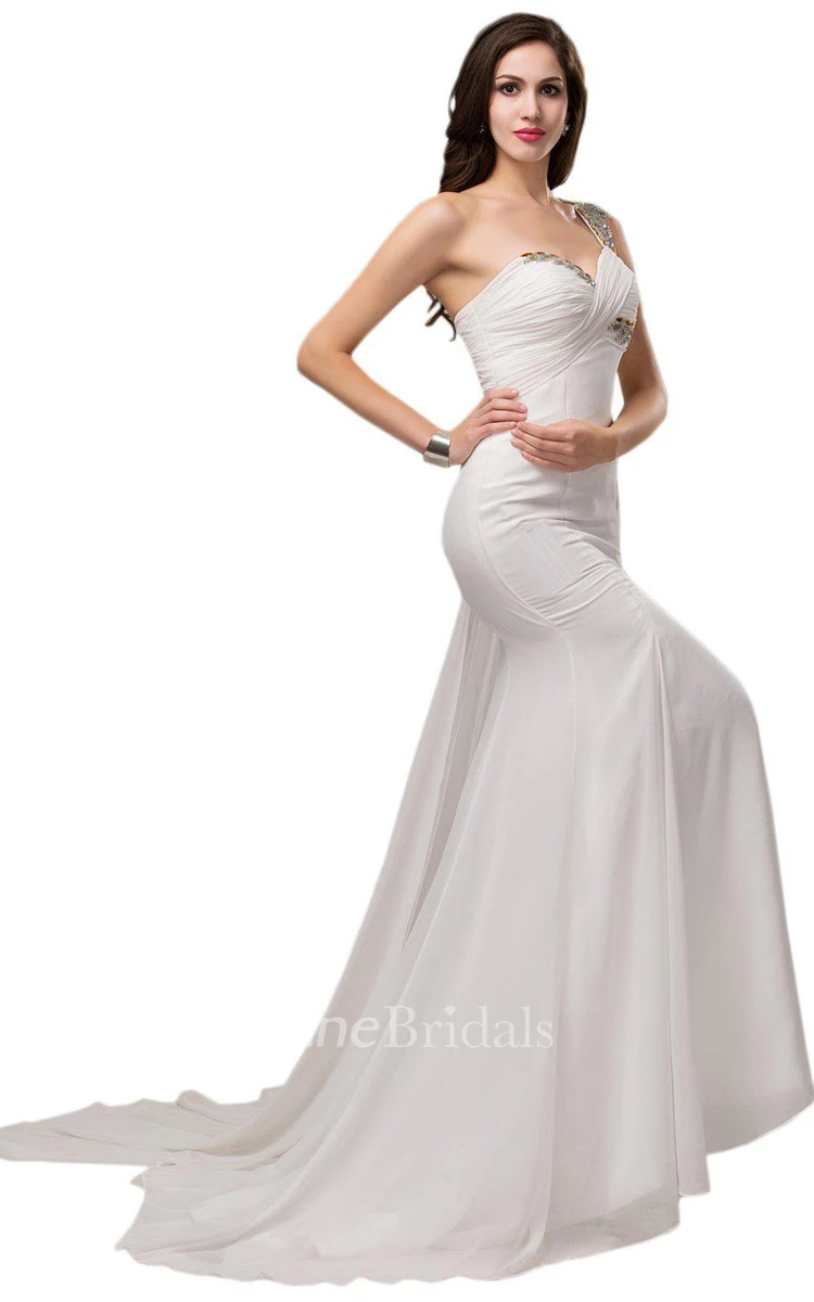 One-shoulder Chiffon Dress With Crystal Detail