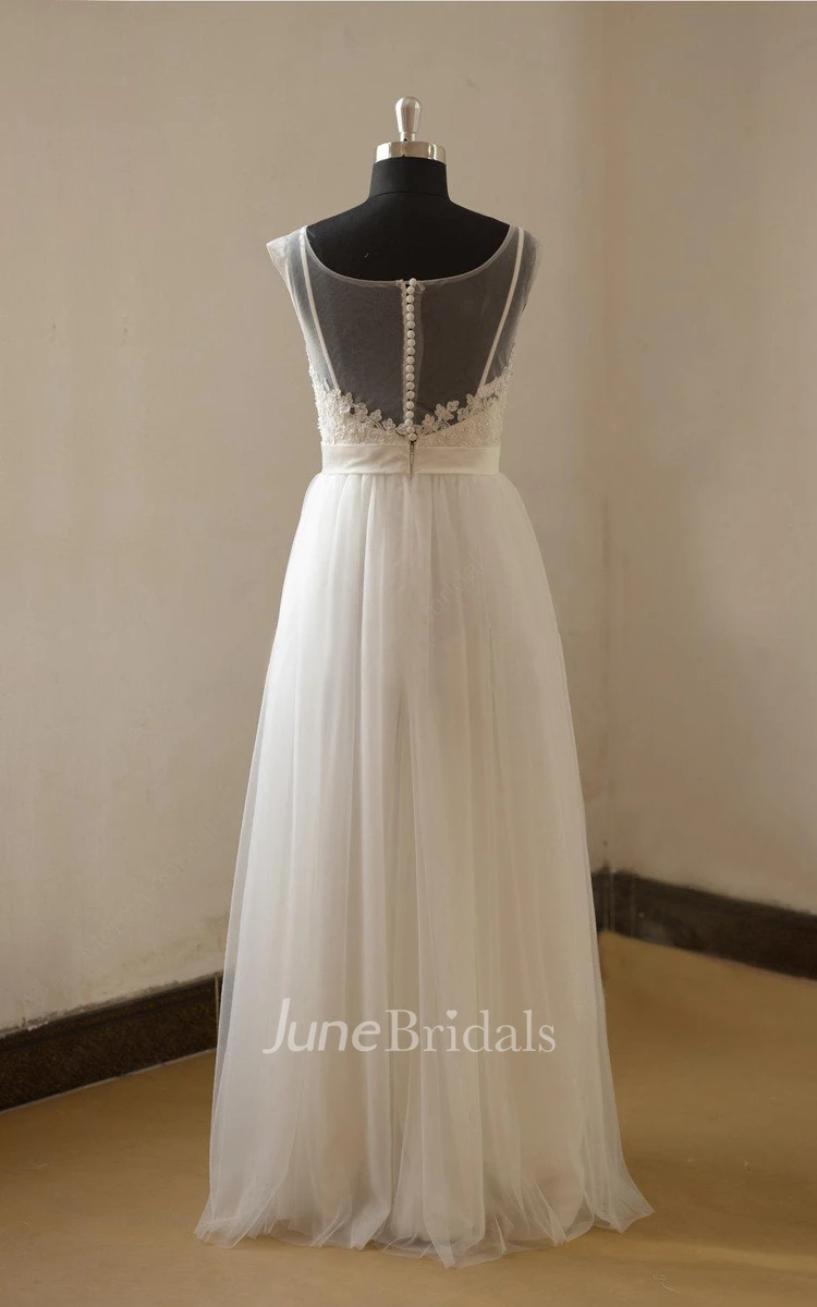 A-Line Tulle Bateau Neck Cap Sleeve Wedding Dress With Satin Sash