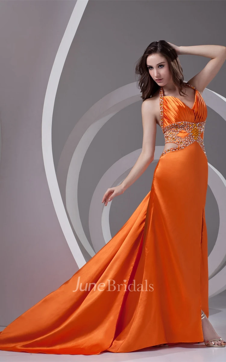 Satin Front-Split Ruched Dress with Rhinestone and Halter