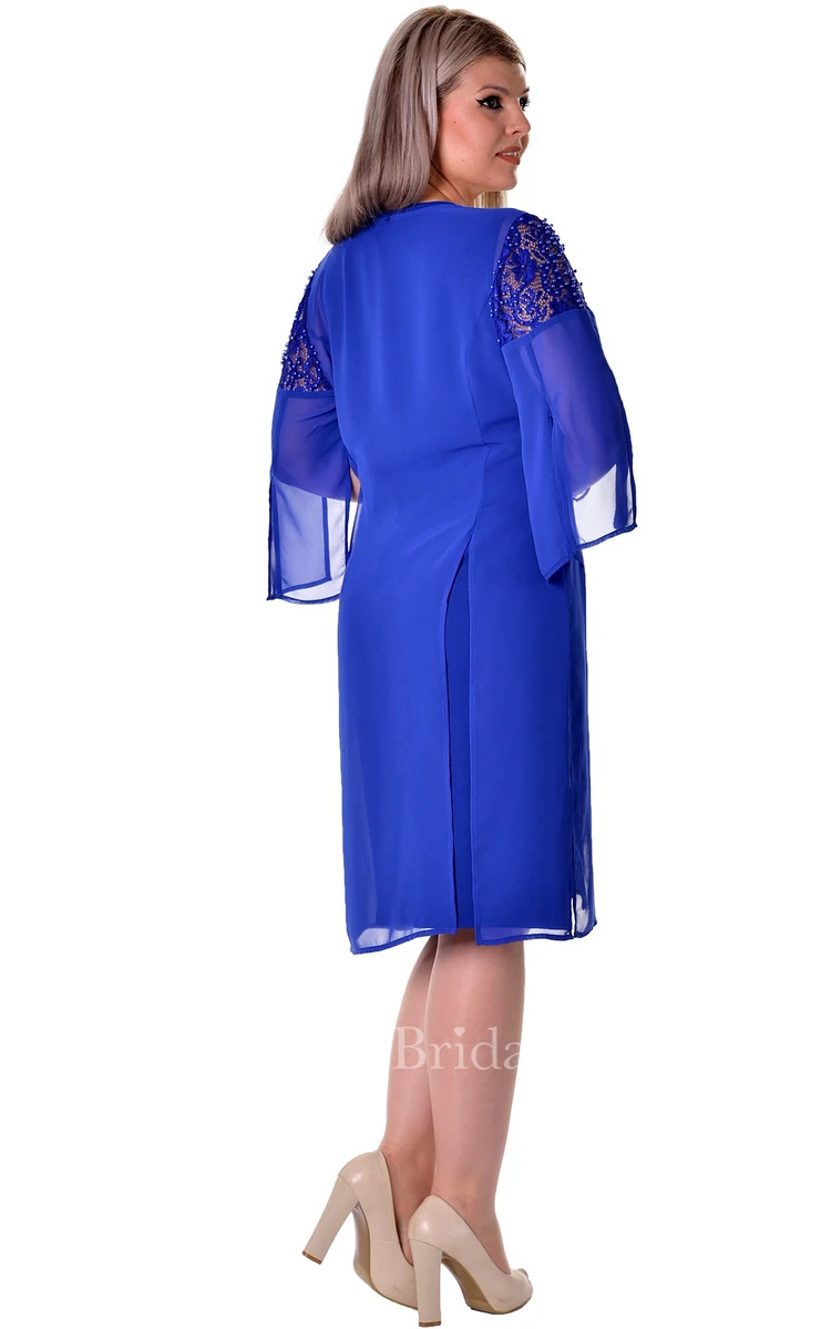 Scoop-Neck Jewel Short-Midi Column Zipper Chiffon Dress