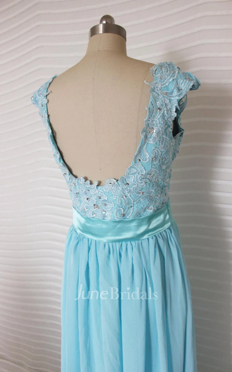 Backless Cap-sleeve Chiffon Dress With Appliques