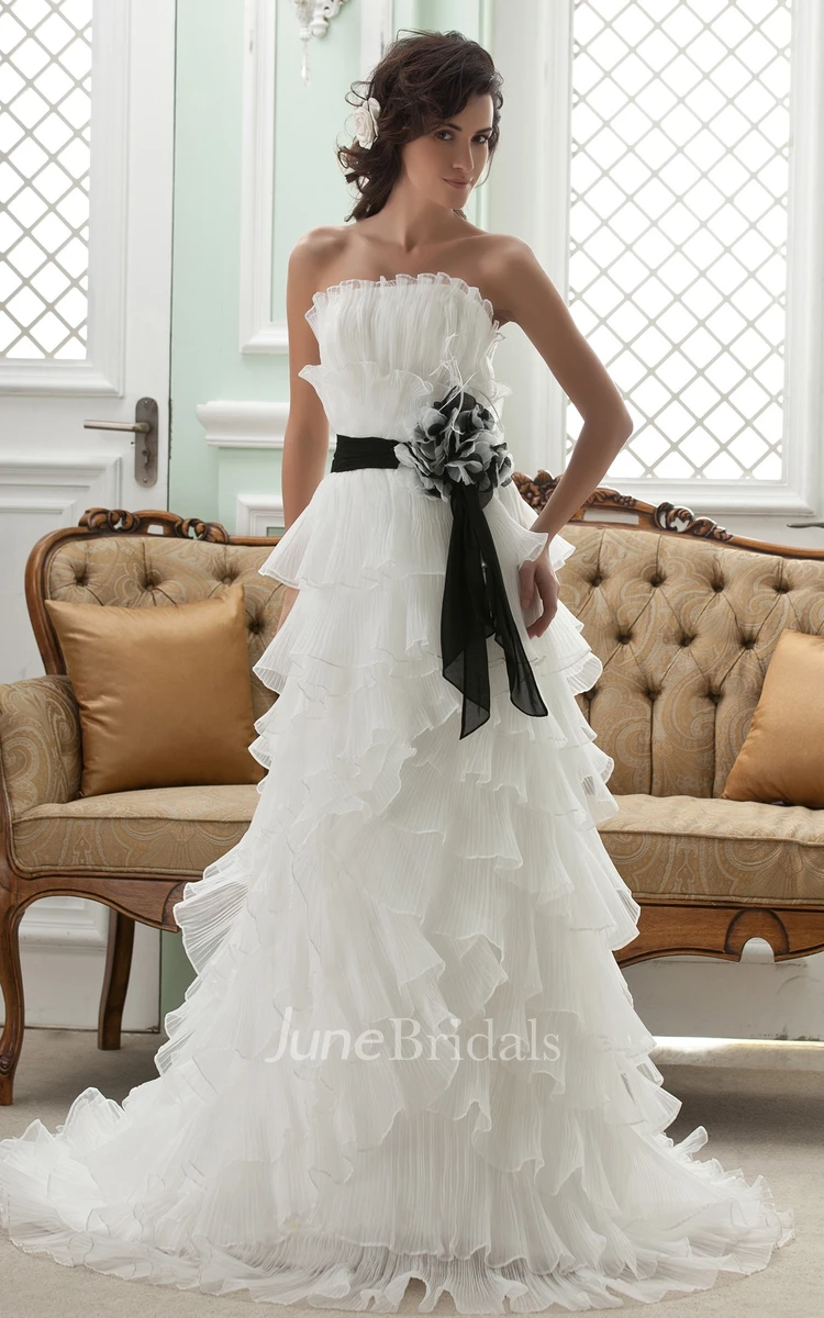 Strapless Ruffled A-Line Dress With Tiers and Ribbon