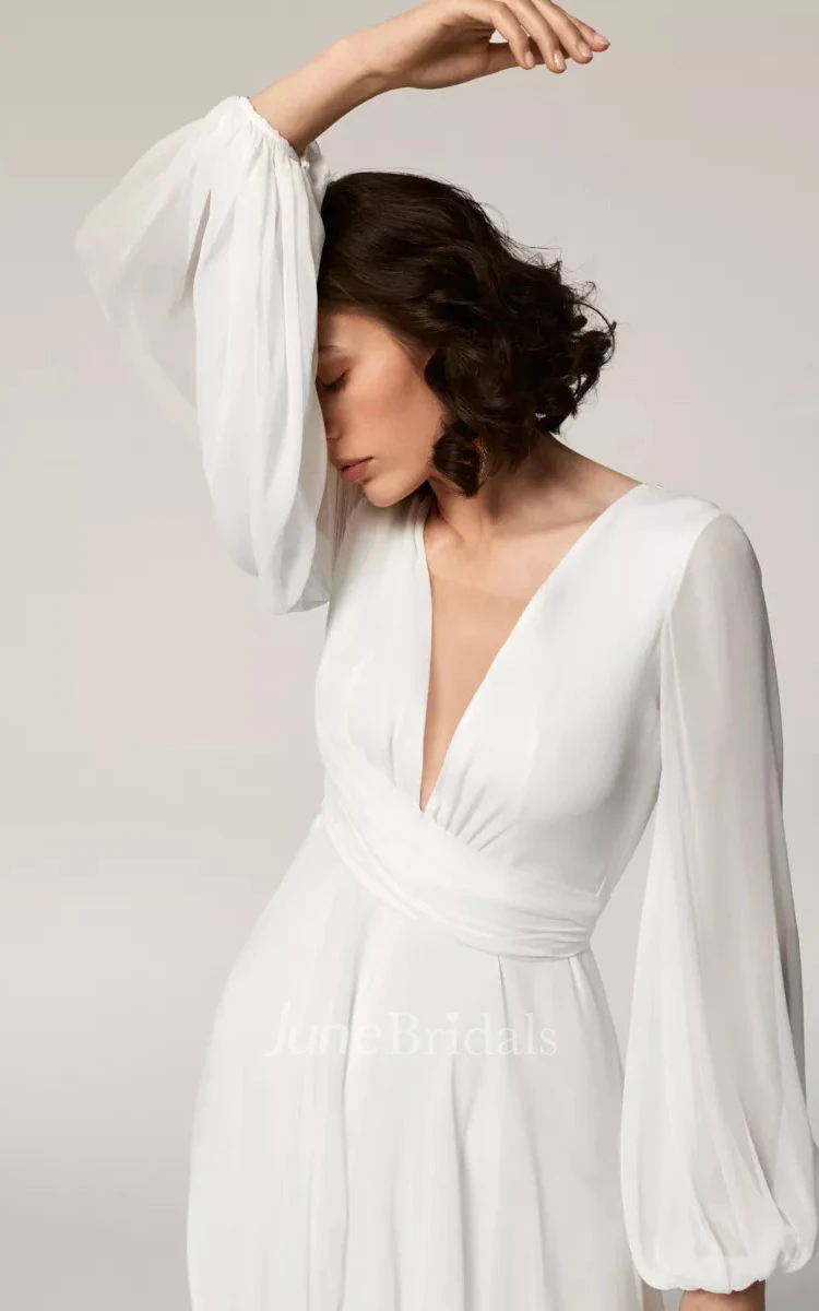 Simple A Line Chiffon 3/4 Length Sleeve Poet Wedding Dress with Ruching