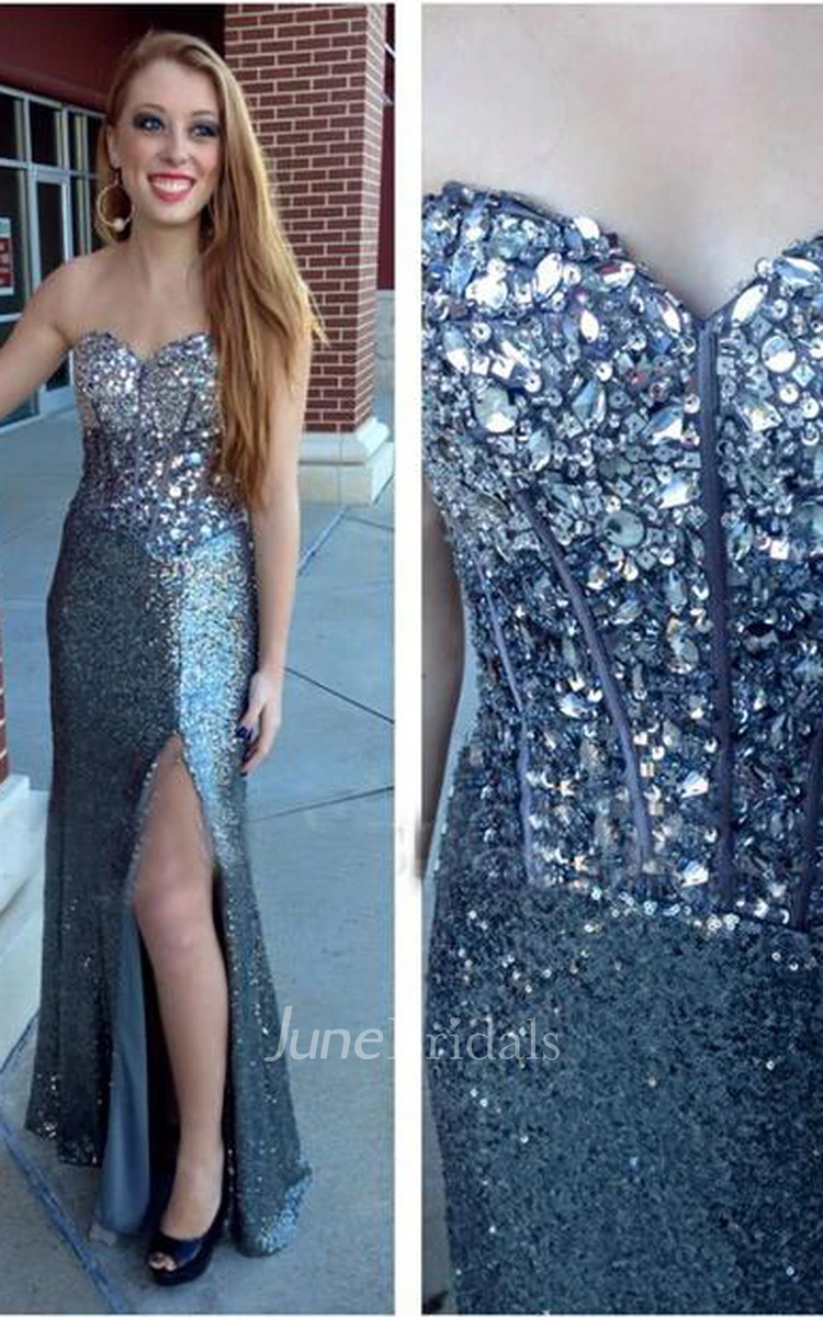 Luxurious Crystals Sequins Mermaid Prom Dress Front Split Sweetheart