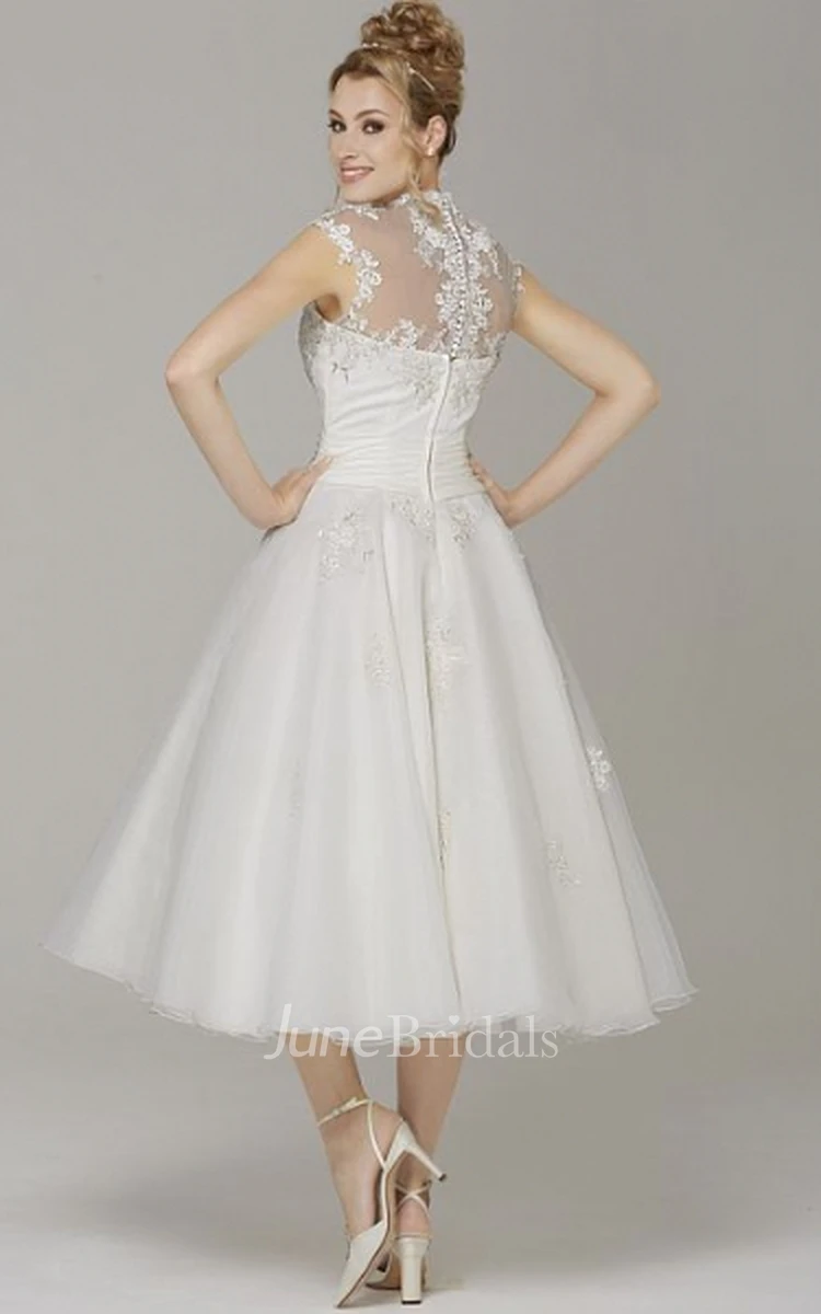 A-Line High Neck Cap-Sleeve Tea-Length Tulle Wedding Dress With Appliques And Illusion
