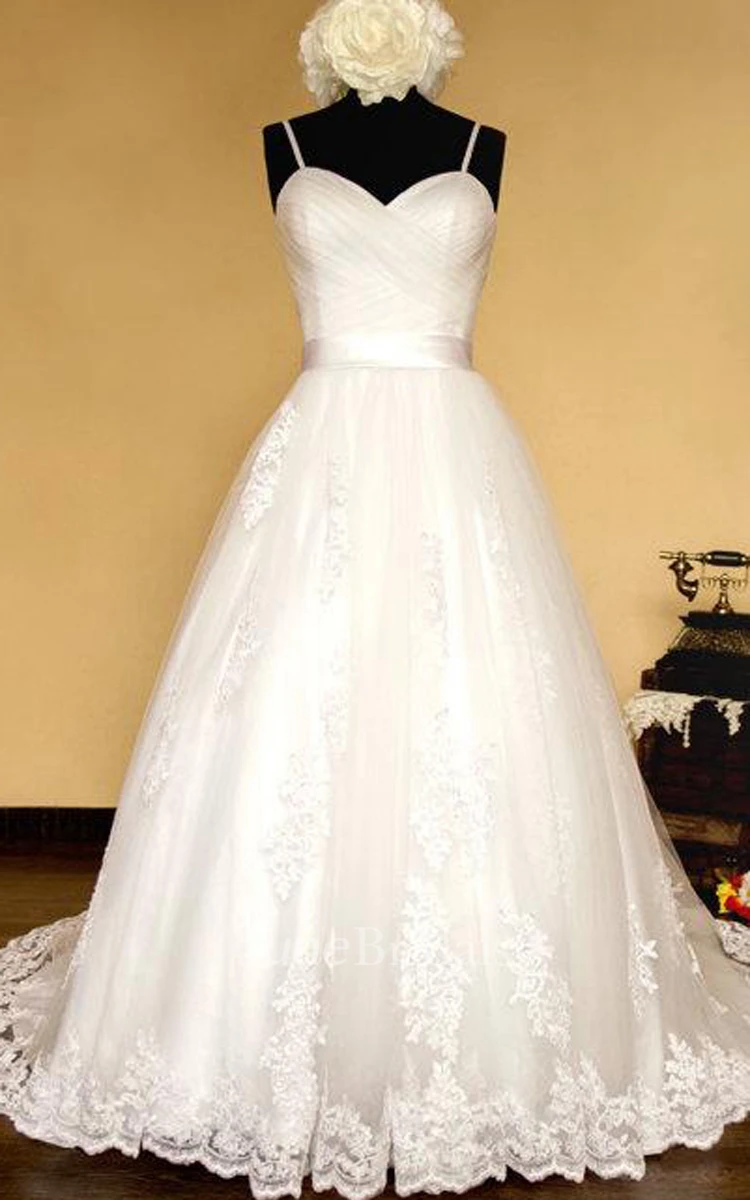 Spaghetti Crisscross Organza Wedding Dress With Sash And Lace-Up Back