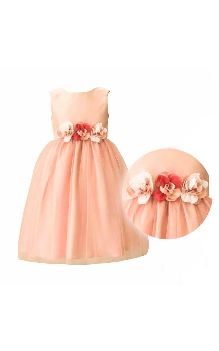 Sleeveless Jewel Neck Flower Waistline Pleated A-line Knee Length Tulle Dress With Satin Bodice