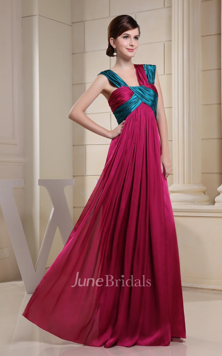 Mute-Color Empire Floor-Length Dress With Pleats