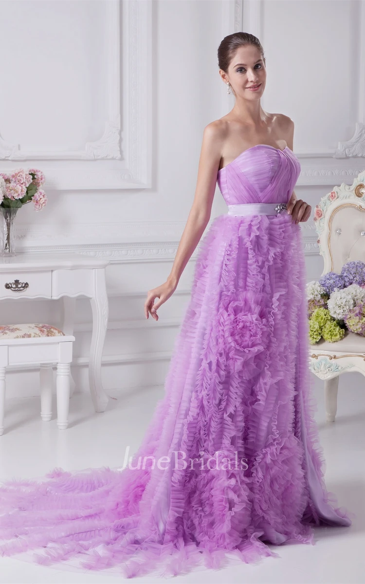 Strapless Ruched A-Line Gown with Ruffles and Broach