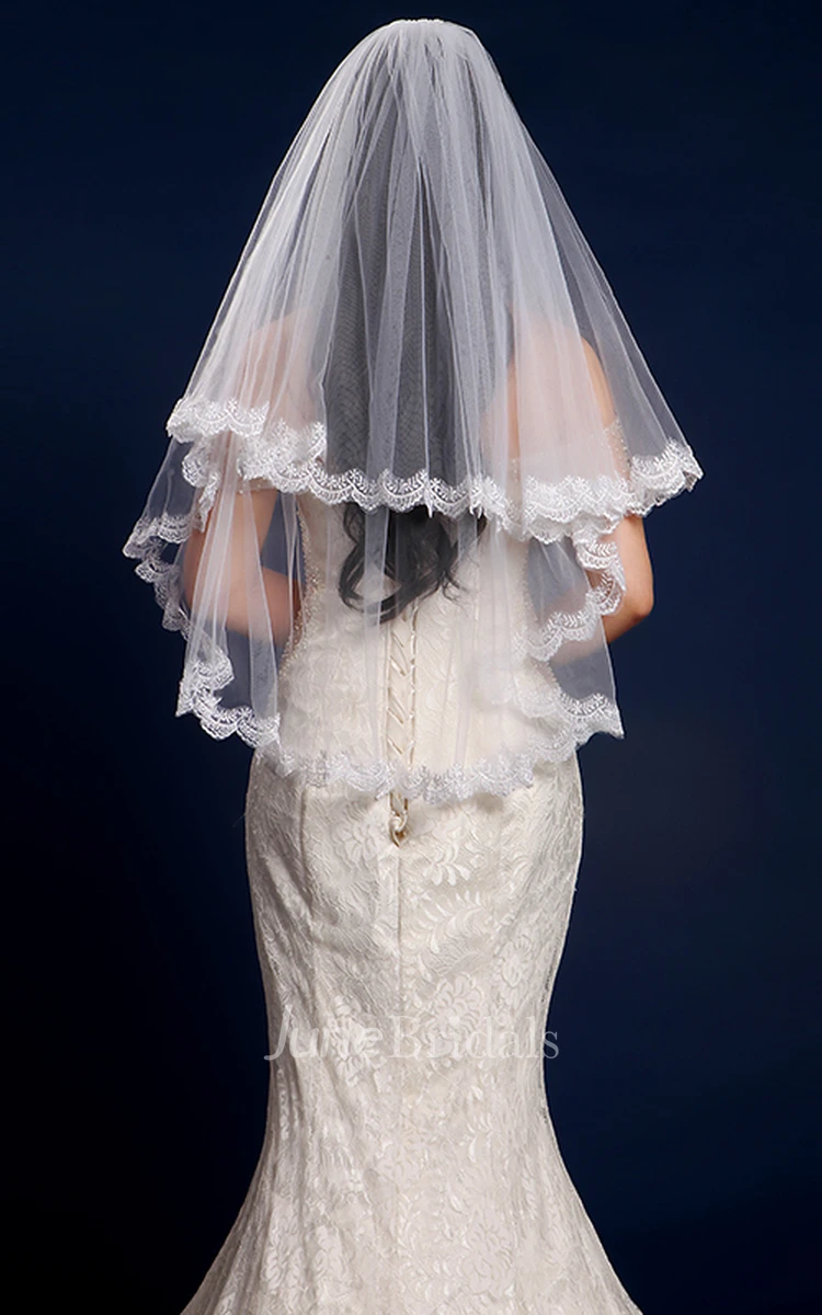 Simple Two Layered Tulle Elbow Wedding Veil with Lace Edge