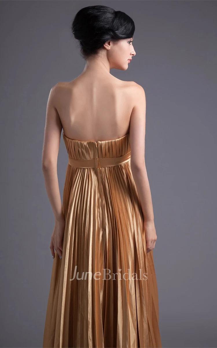 Strapless Pleated Ankle-Length Dress with Broach