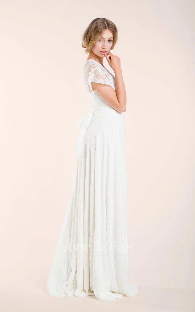 Boho Cape Sleeve Pleated Long Length Lace Dresses With Ruching and Sash