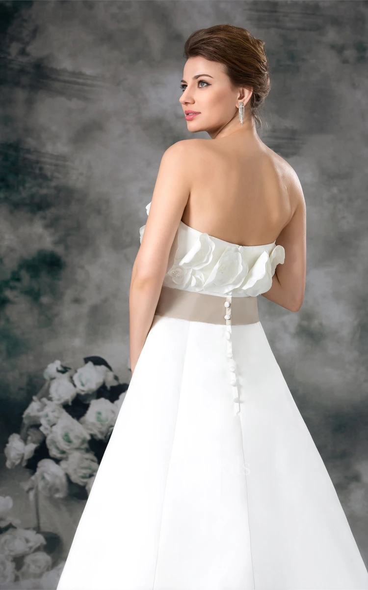 strapless a-line satin dress with floral embellishment