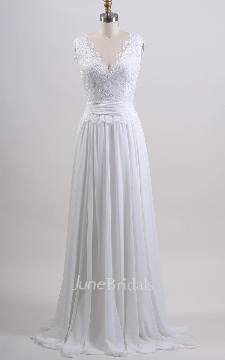Sleeveless Alencon Lace Bridal Gown With Low-V Back and Chiffon Skirt.