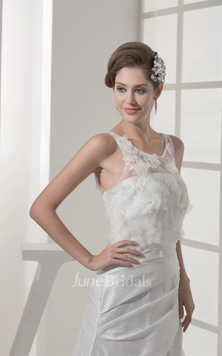 Floral Sleeveless A-Line Appliqued Gown with Draping and Illusion Neckline