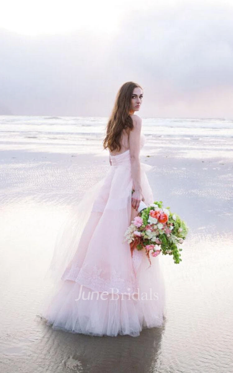 Subtle Pink Strapless Sweetheart A-line Tulle Beach Wedding Dress
