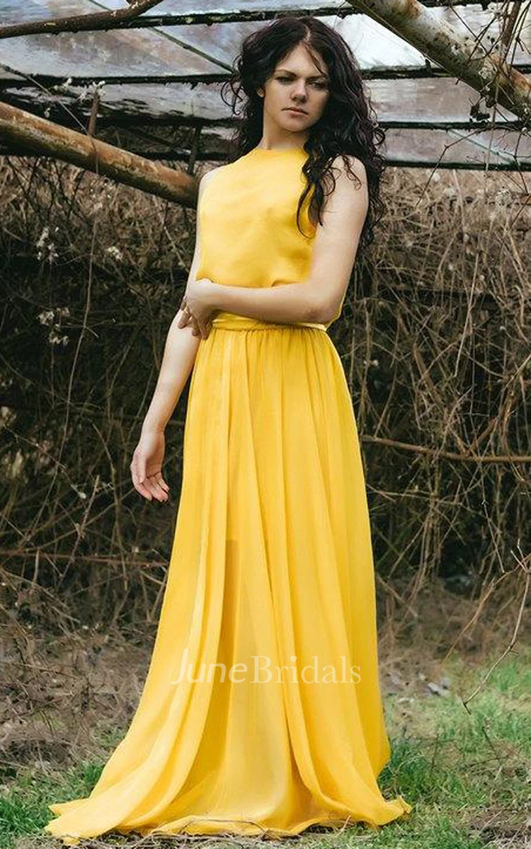 Chiffon Jewel Neck Floor-Length Dress With Bow