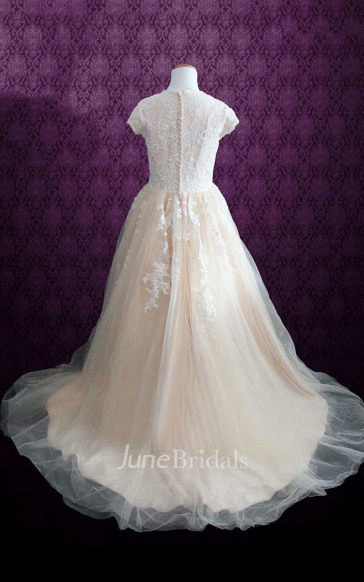 Ball Gown Cap Sleeve Tulle Lace Satin Weddig Dress