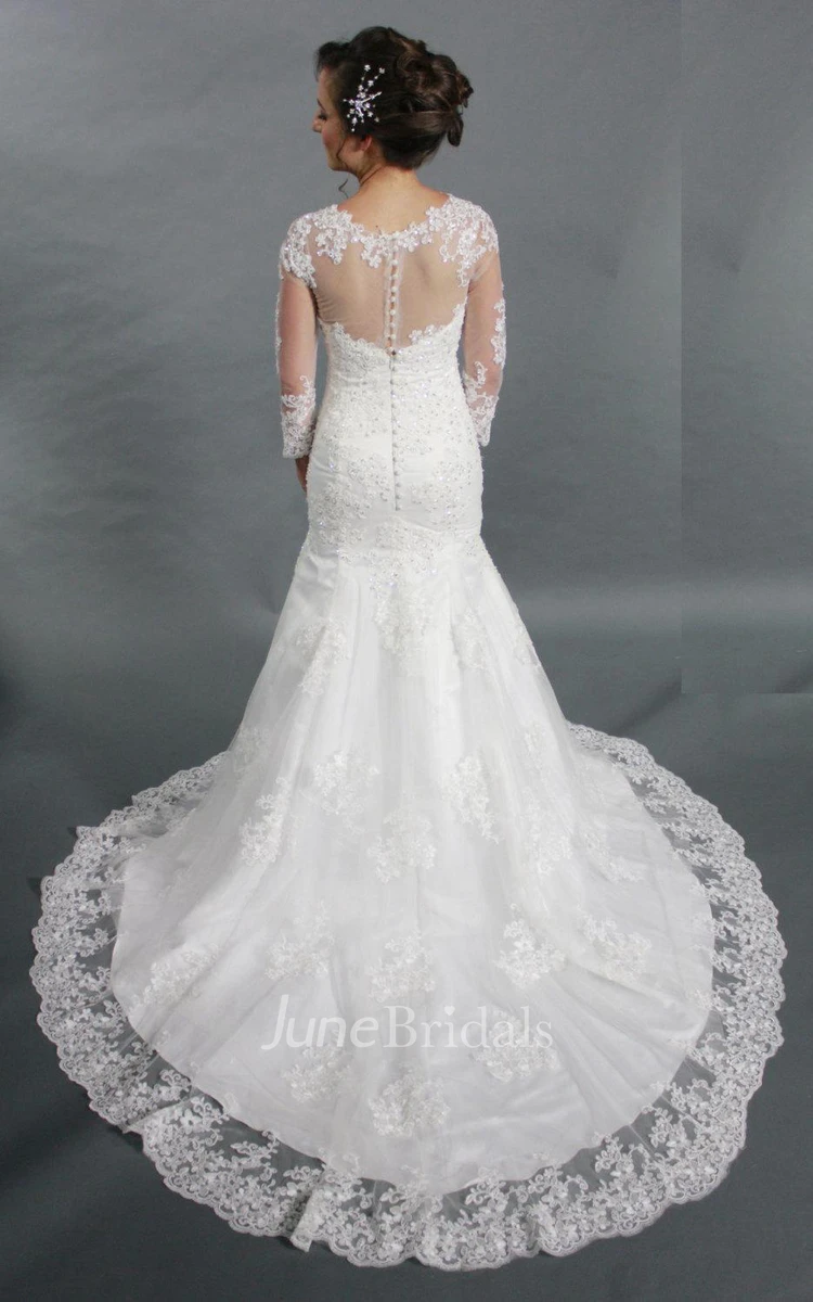 Jewel Neck Long Sleeve Mermaid Lace Wedding Dress With See Through Back