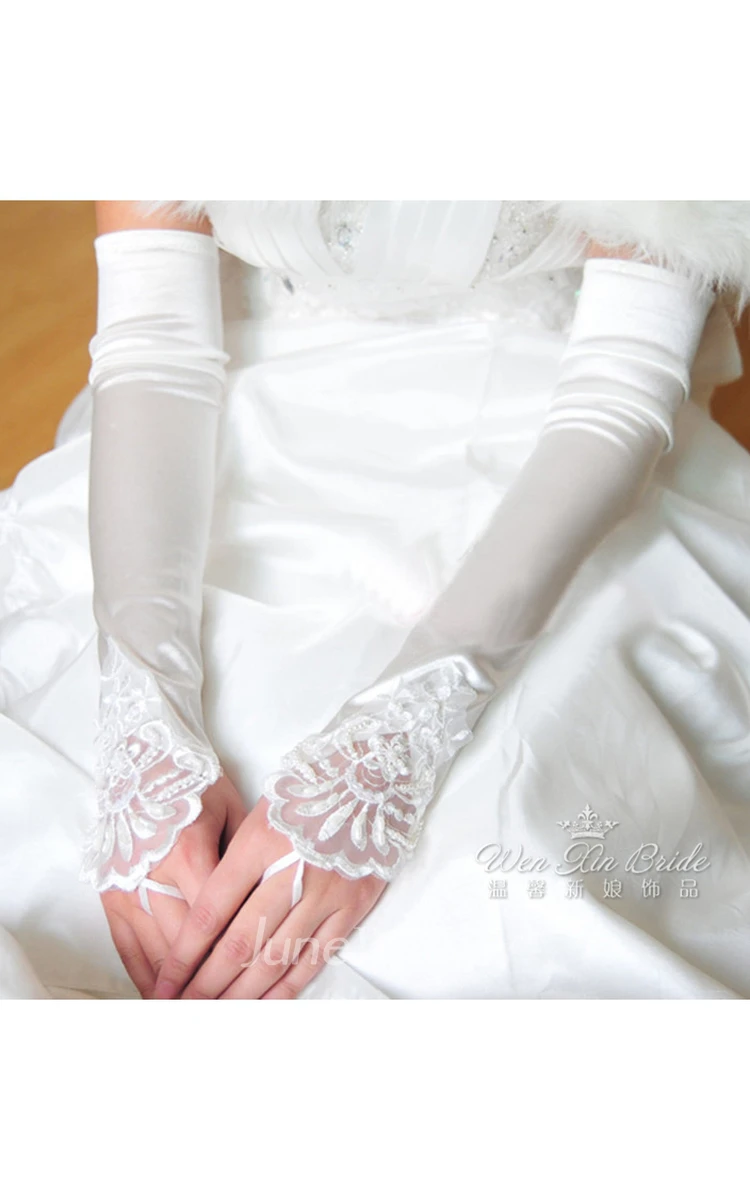 Plus Long Stretch Satin Embroidered Beads Exposed Finger Gloves