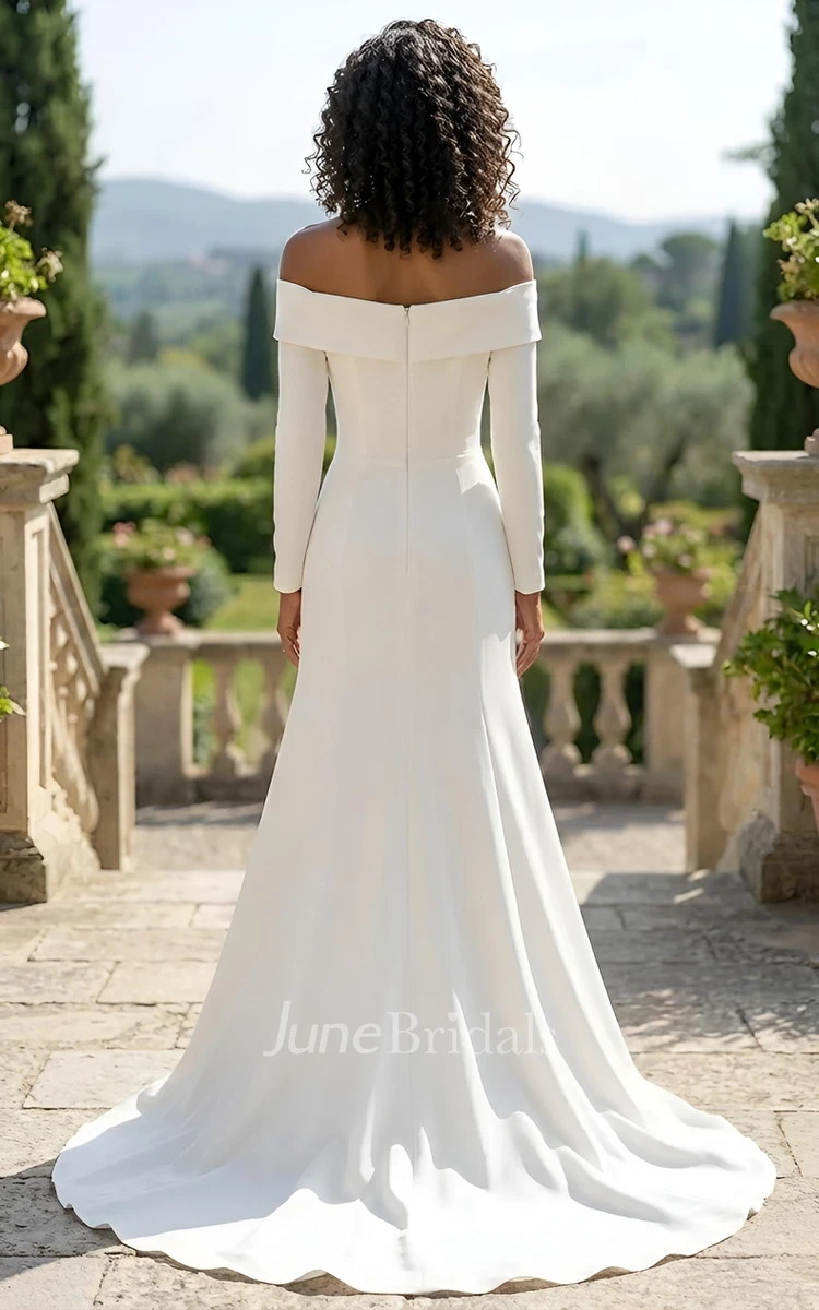 Modern Off-the-Shoulder Engagement Wedding Dress Simple Long Sleeves Satin Gown