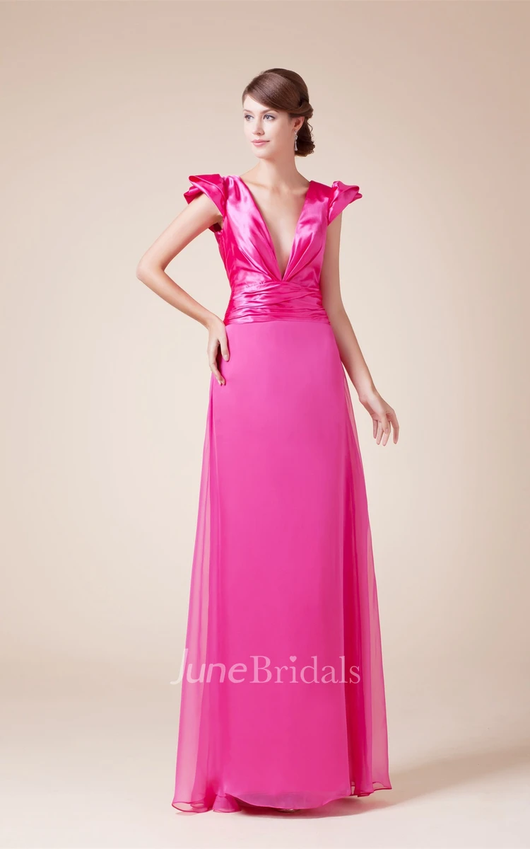 Plunged Caped-Sleeve Chiffon Dress with Ruched Waist