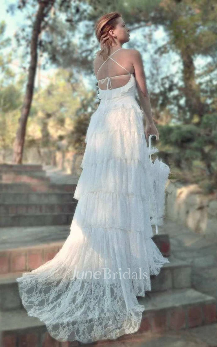 Beach Spaghetti Boho Style Lace Tiered Wedding Dress and Exquisite Copper-plated Leaves Vines Freshwater Pearl Hair Band