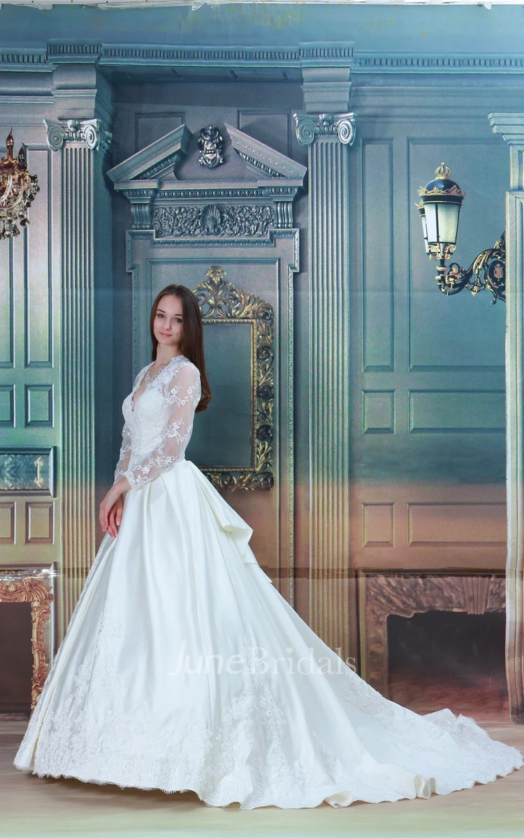 Plunged Long-Sleeve Lace Ball Gown with Beading and Illusion
