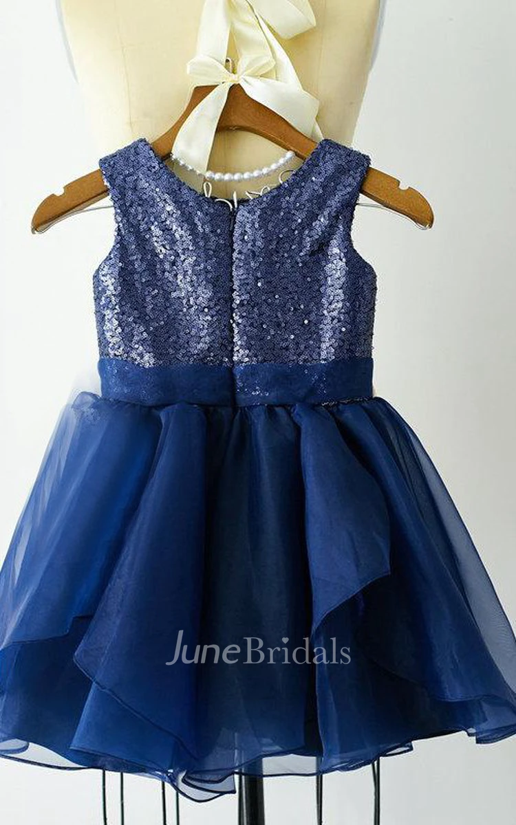 Sleeveless Jewel Neck Organza Dress With Sequins&Flower