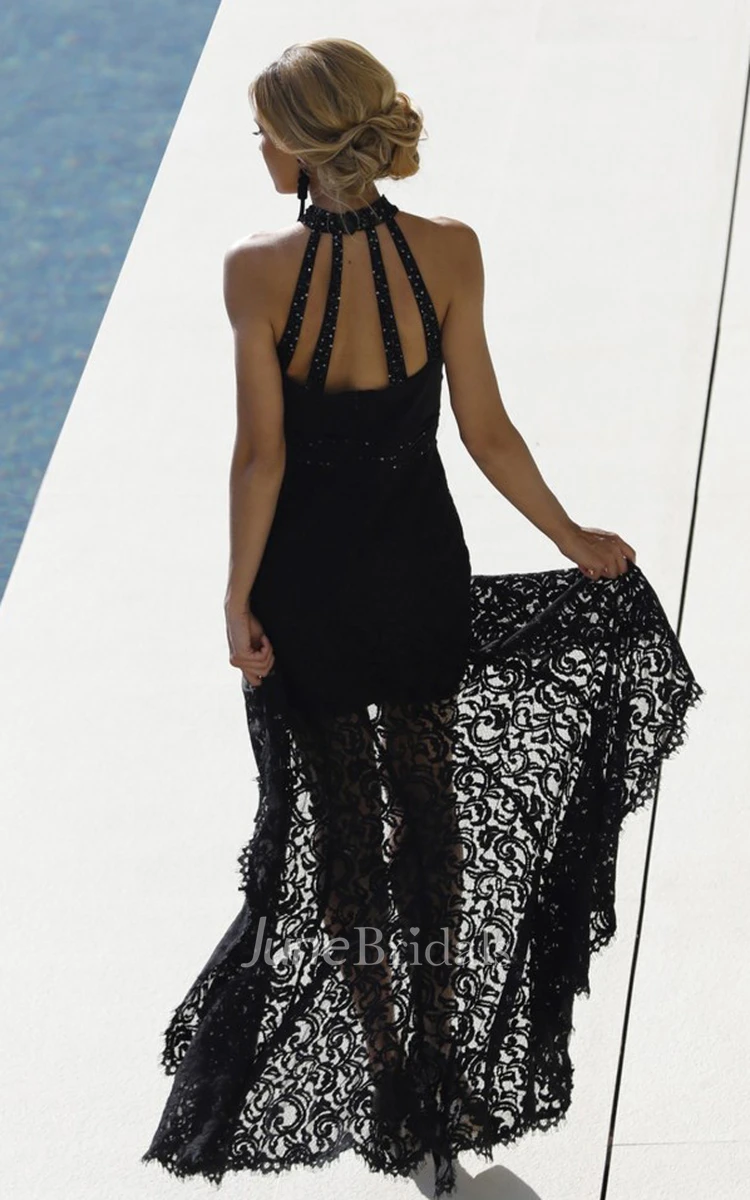 Casual Sexy Lace Halter Sleeveless Prom Dress with Beading and Straps Back
